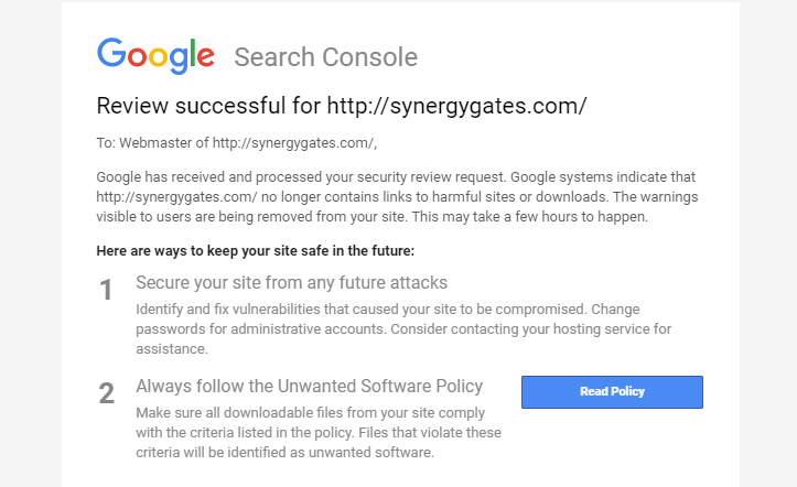 Google-Safety-Review-Accept إخطار من جوجل بالموافقة على إزالة الموقع الإلكتروني من القائمة السوداء